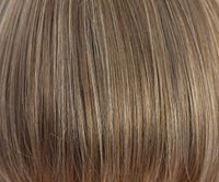 Mochaccino-R colour swatch — dark rooted warm brown with strawberry blonde highlights, Amore ladies wig