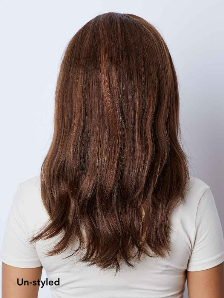 Back view of Amber human hair wig by Gem in dark brown, shoulder‑length Remy hair, lace front and monofilament top.