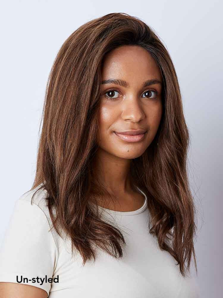 Unstyled view of Amber human hair wig by Gem in dark brown, shoulder‑length Remy hair, lace front and monofilament top.