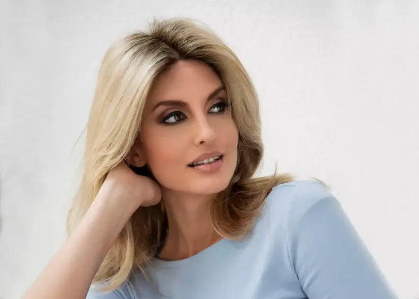 Bobbi wig by Envy in Champagne Shadow featuring a monofilament cap and lace front for comfort and a natural appearance.