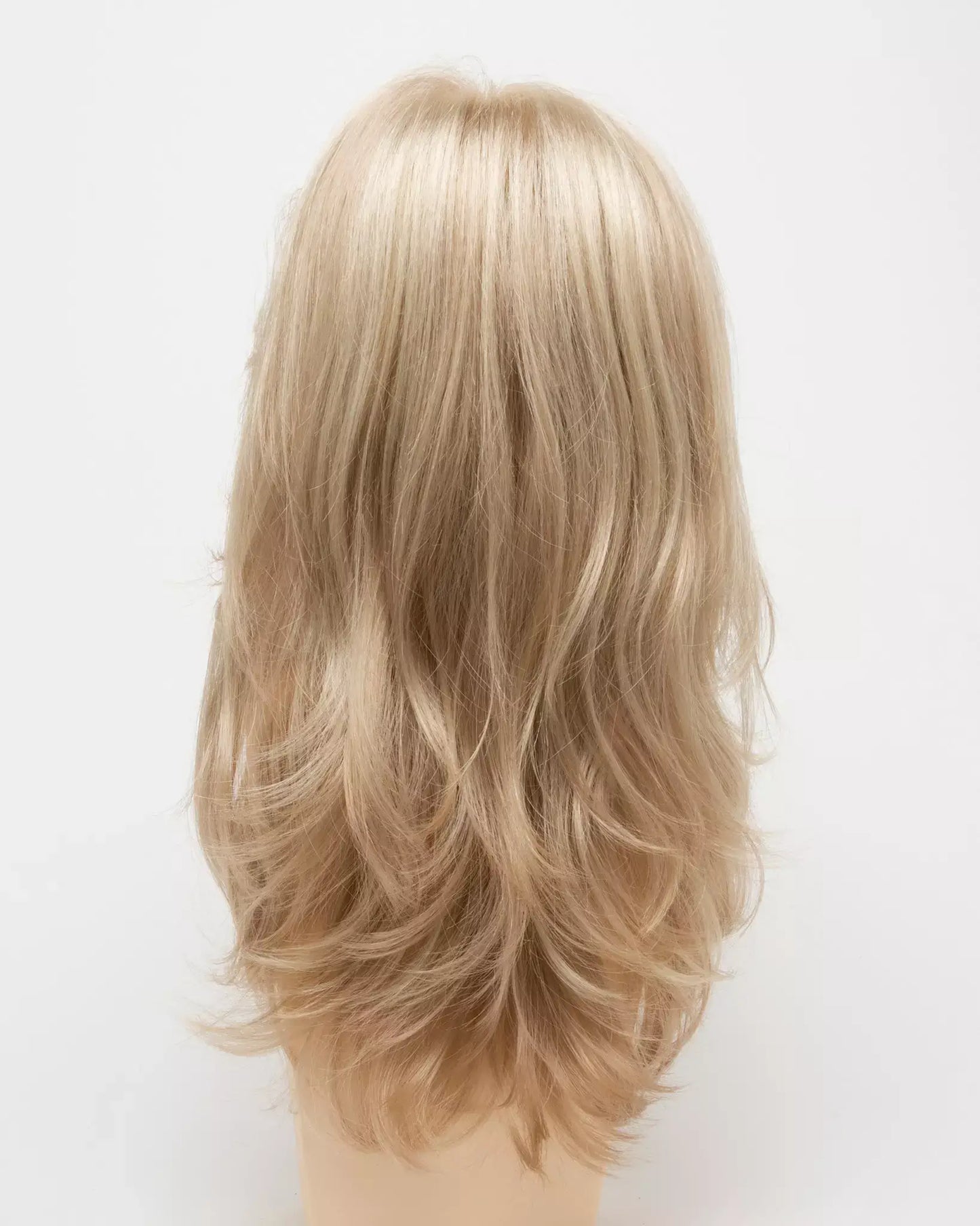 Back view of Bobbi wig by Envy in Medium Blonde featuring a mono top and lace front for comfort and a natural appearance.