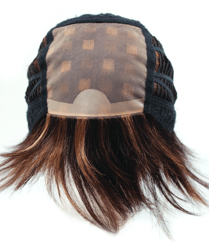 Amore wig cap with a double monofilament top construction for a natural parting and crown.