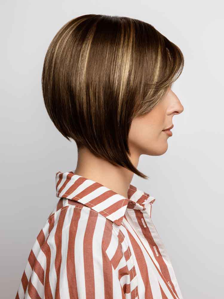 Side View Codi wig by Amore in Iced Mocha – angled bob with side swept fringe and monofilament top for a natural look