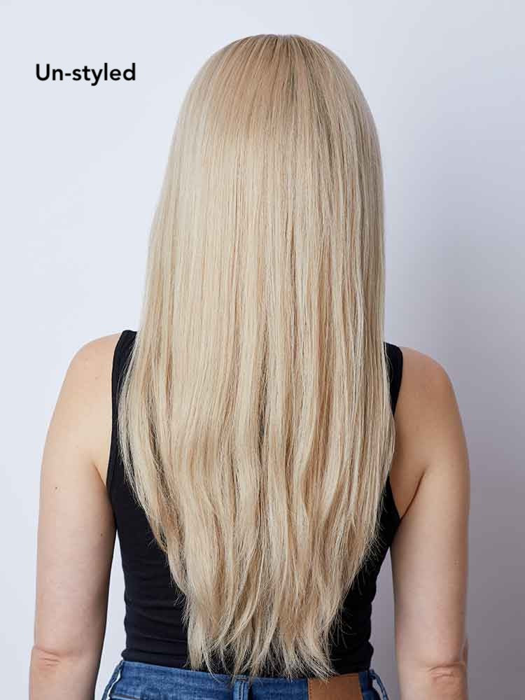 Back view of Diamond human hair wig by Gem in blonde, long-length Remy hair, lace front and monofilament top.