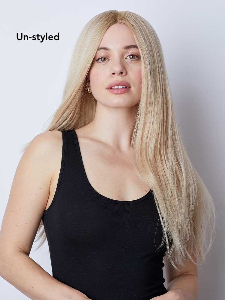Un-styled view of Diamond human hair wig by Gem in blonde, long-length Remy hair, lace front and monofilament top.