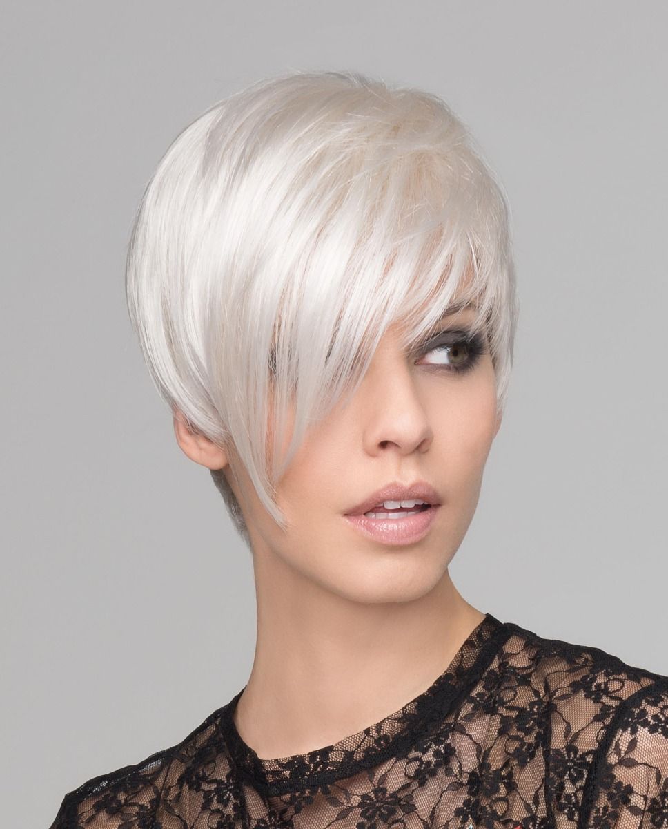Side on view of the Disc Mono Part wig by Ellen Wille Hairpower Collection, a short asymmetrical cut shown in Platinum Blonde Mix.