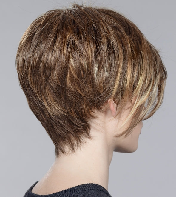 Back view of the Disc Mono Part wig by Ellen Wille Hairpower Collection, a short asymmetrical cut shown in Tobacco Mix.