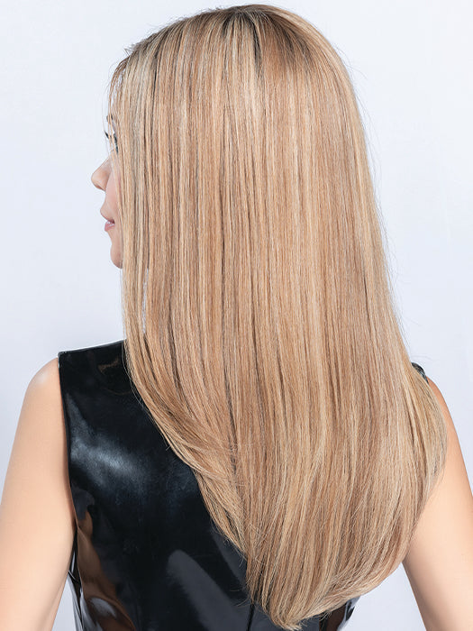 Back view of Xenita wig by Ellen Wille in Light Bernstein Rooted with long, soft waves and natural Remy hair.