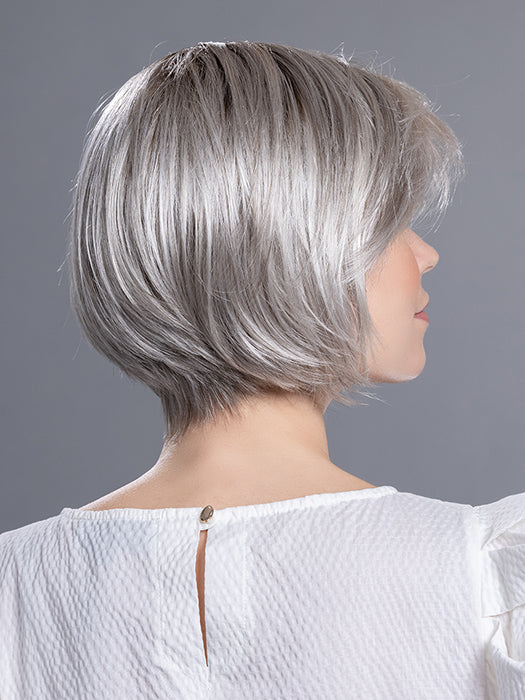 French Mono Part wig by Ellen Wille in Silver Blonde Rooted, a layered bob with lace front and realistic mono part.