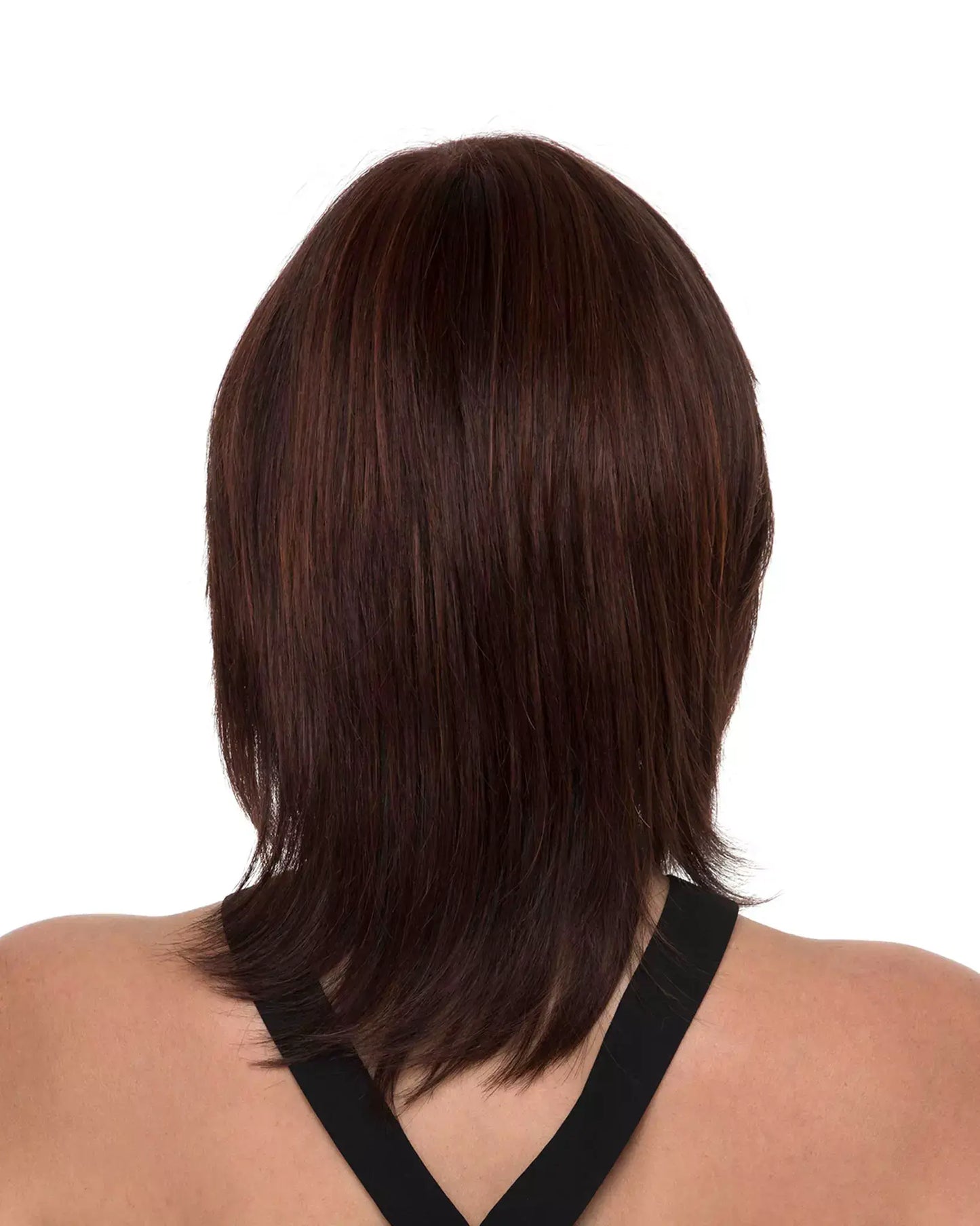 Back view of Grace wig by Envy in Dark Red – collar-length style with side-swept fringe and long, face-framing layers.