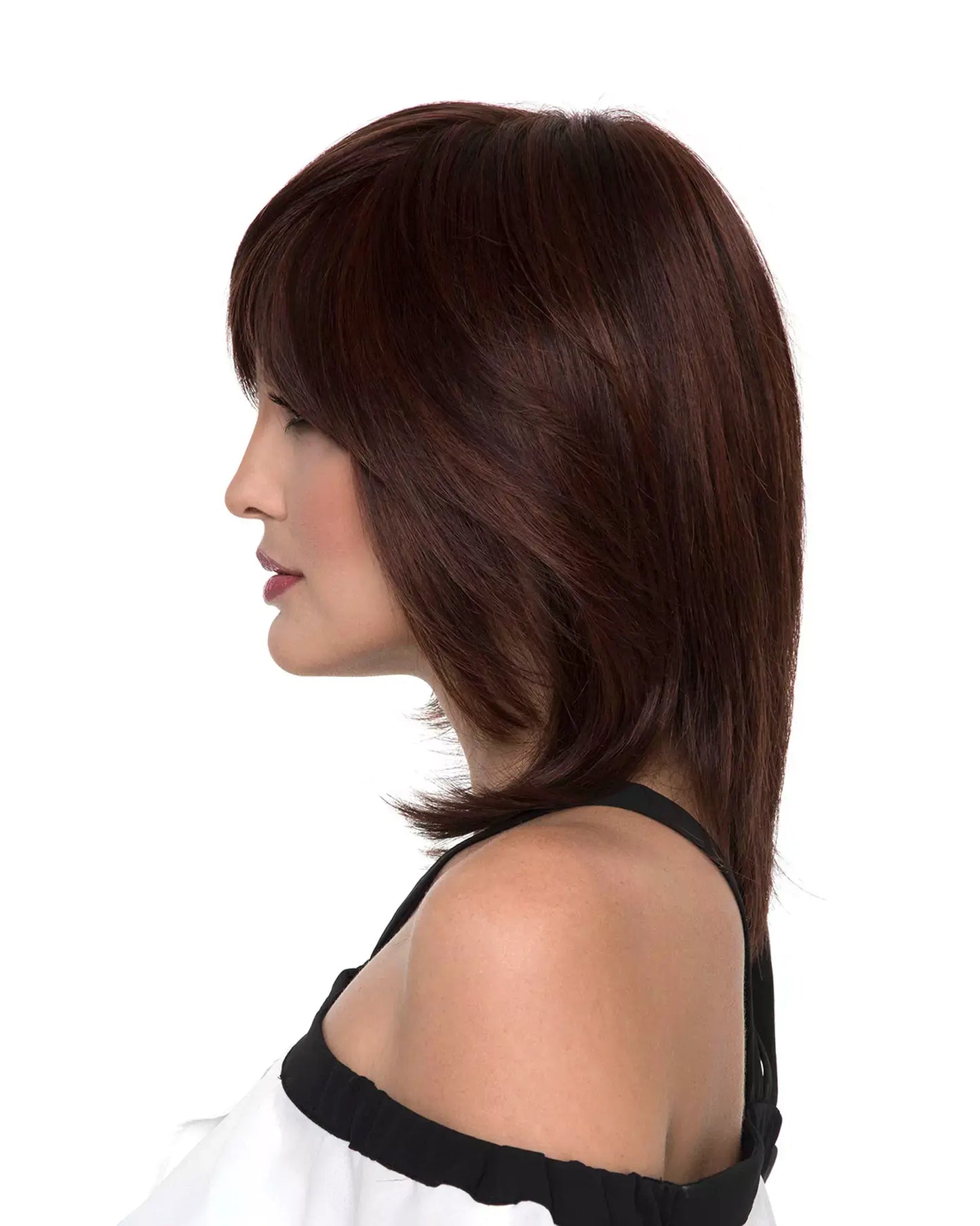 Side view of Grace wig by Envy in Dark Red – a collar-length style with side-swept fringe and long, face-framing layers.