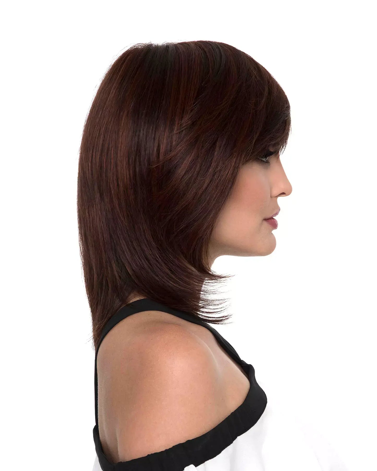 Side view of Grace wig by Envy in Dark Red – collar-length style with side-swept fringe and long, face-framing layers.