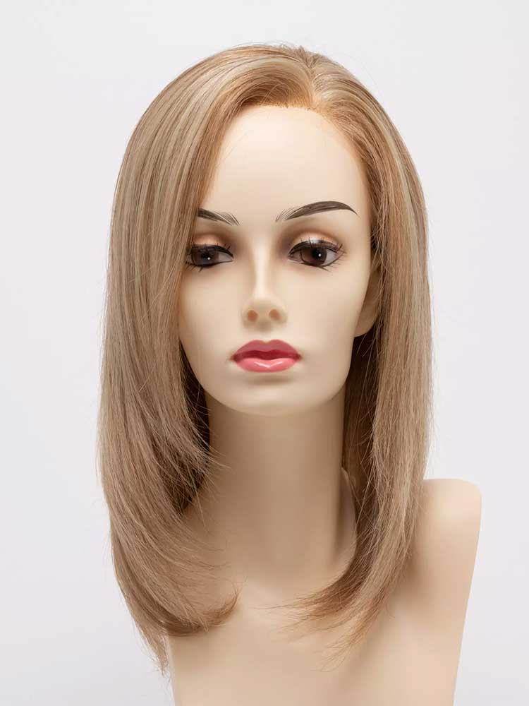 Mannequin front view of Hannah Human Hair wig by Envy in colour medium blonde.