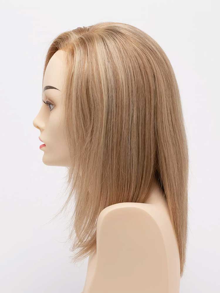 Mannequin side view of Hannah Human Hair wig by Envy Collection in colour medium blonde.