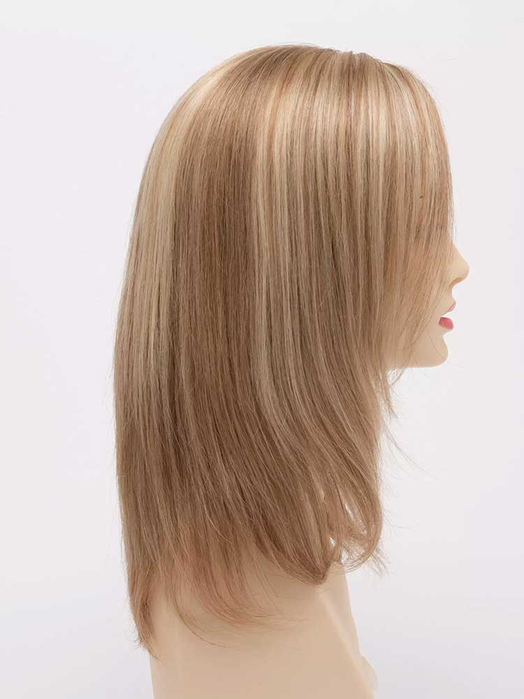 Mannequin side view of Hannah Human Hair wig by Envy in colour medium blonde.