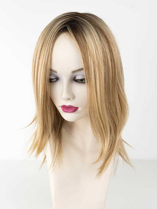 Hera 15 Human Hair wig by Dimples displayed on a mannequin head. Hand-tied and lightweight. Colour Creme Brulee.