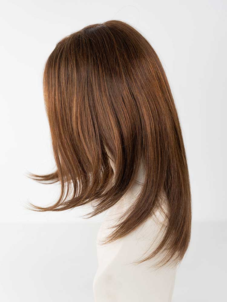 Side view of Hera 15 wig by Dimples – mid-length 100% Remy human hair wig with lace front and silk top for a natural looking scalp.