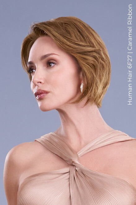 Side view of Ignite Human Hair by Jon Renau in Caramel Ribbon with SmartLace™ front and premium Remy human hair.