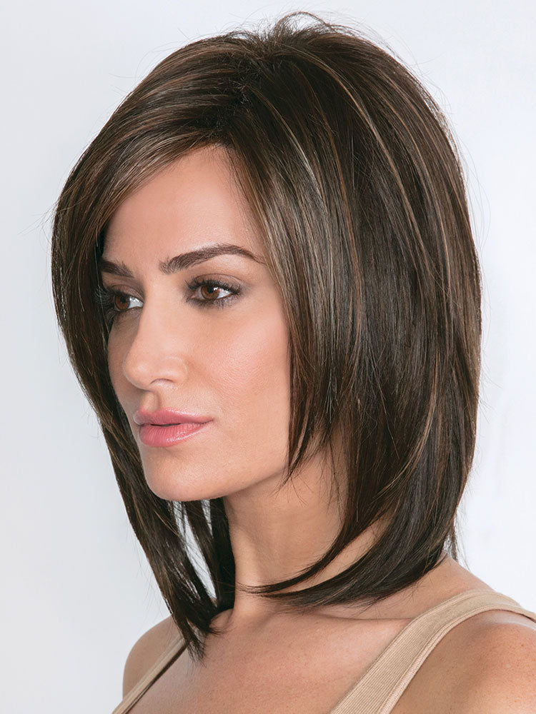 Side view of Jackson wig by Noriko – sleek shoulder-length synthetic wig with face-framing layers in Chocolate Swirl.