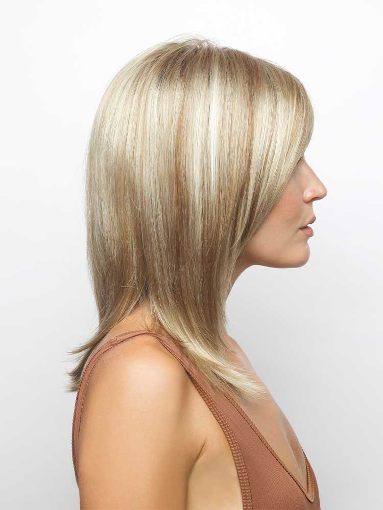 Side view of Jackson wig by Noriko – sleek shoulder-length synthetic wig with face-framing layers in Sugar Cane.
