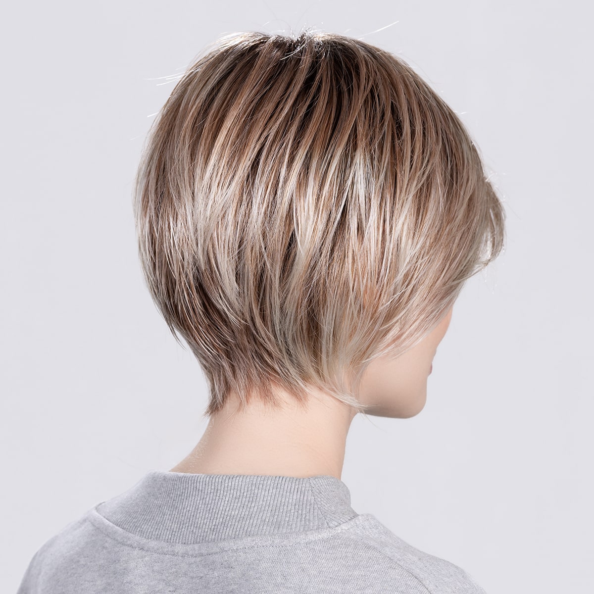 Back view of Echo Wig by Ellen Wille – long, layered synthetic wig with soft waves in Sand Multi Rooted.