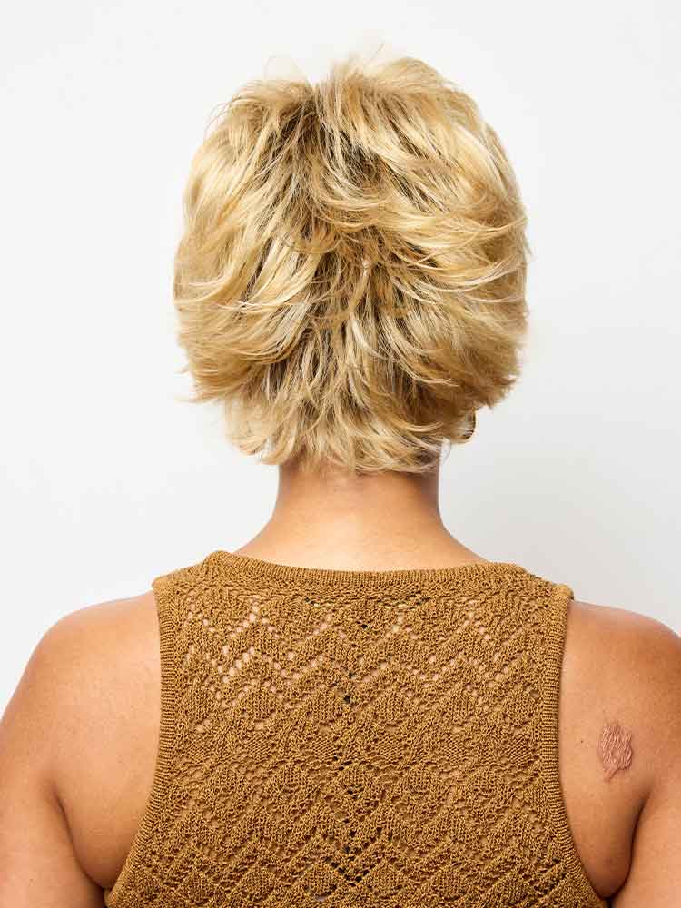 Back view of Noriko Mason wig in colour Sandalwood-H – short layered synthetic style with beveled ends.