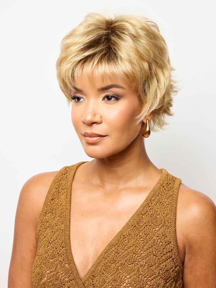Side view of Noriko Mason wig in colour Sandalwood-H – a short layered synthetic style with beveled ends.