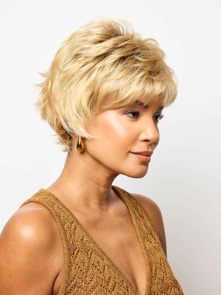 Side view of Noriko Mason wig in colour Sandalwood-H – short layered synthetic style with beveled ends.