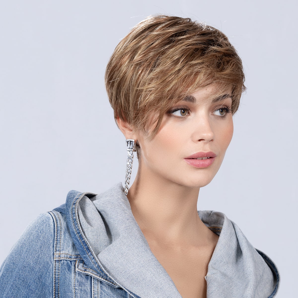 Alt side view of the Point wig from Ellen Wille Perucci Collection, asymmetrical bob in Light Bernstein Rooted.