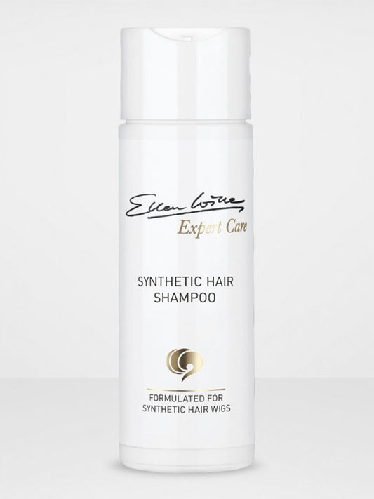 A bottle of Ellen Wille Synthetic Hair Shampoo designed for maintaining synthetic hair wigs.