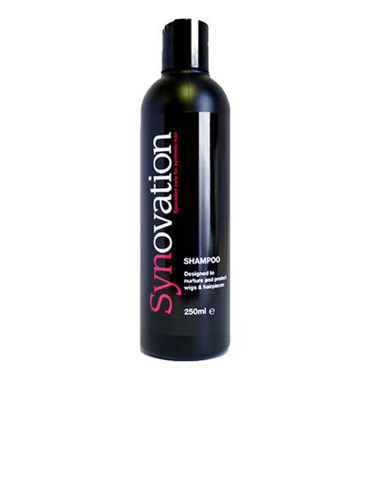 A bottle of Synovation Shampoo by Natural Image with a black label and white and pink text.