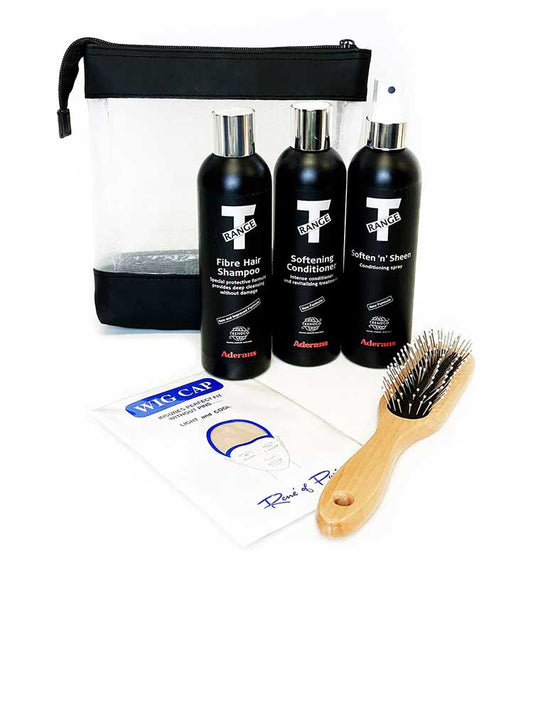 Trendco aftercare kit for synthetic fibre hair including shampoo, conditioner, soft sheen, wig cap and a wig brush.