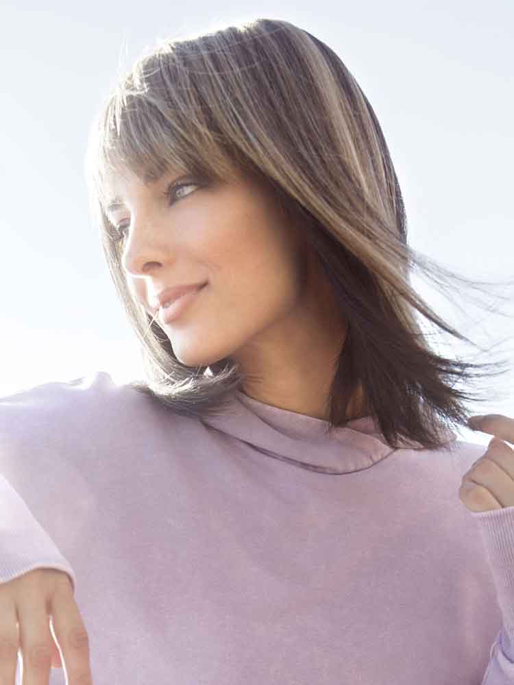 Side view Tatum wig by Amore – long bob with centre part and double mono top for comfort and realistic scalp appearance