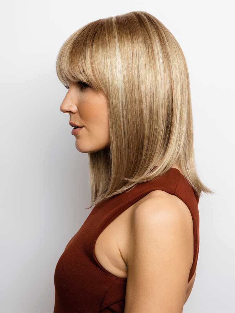 Side view Tatum wig by Amore – sleek bob with centre part and double mono top for comfort and realistic scalp appearance