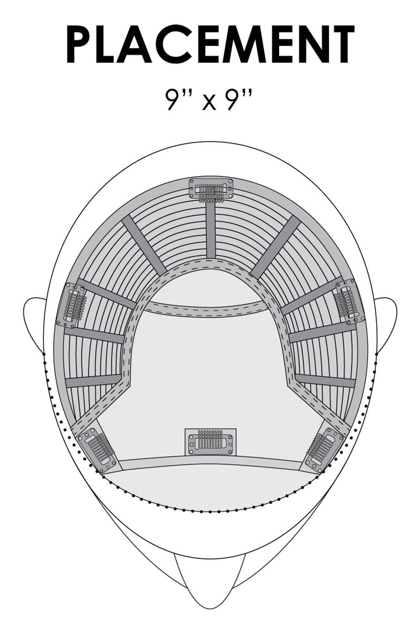 Diagram showing the placement of a 9x9 inch product on a head, with dimensions indicated.
