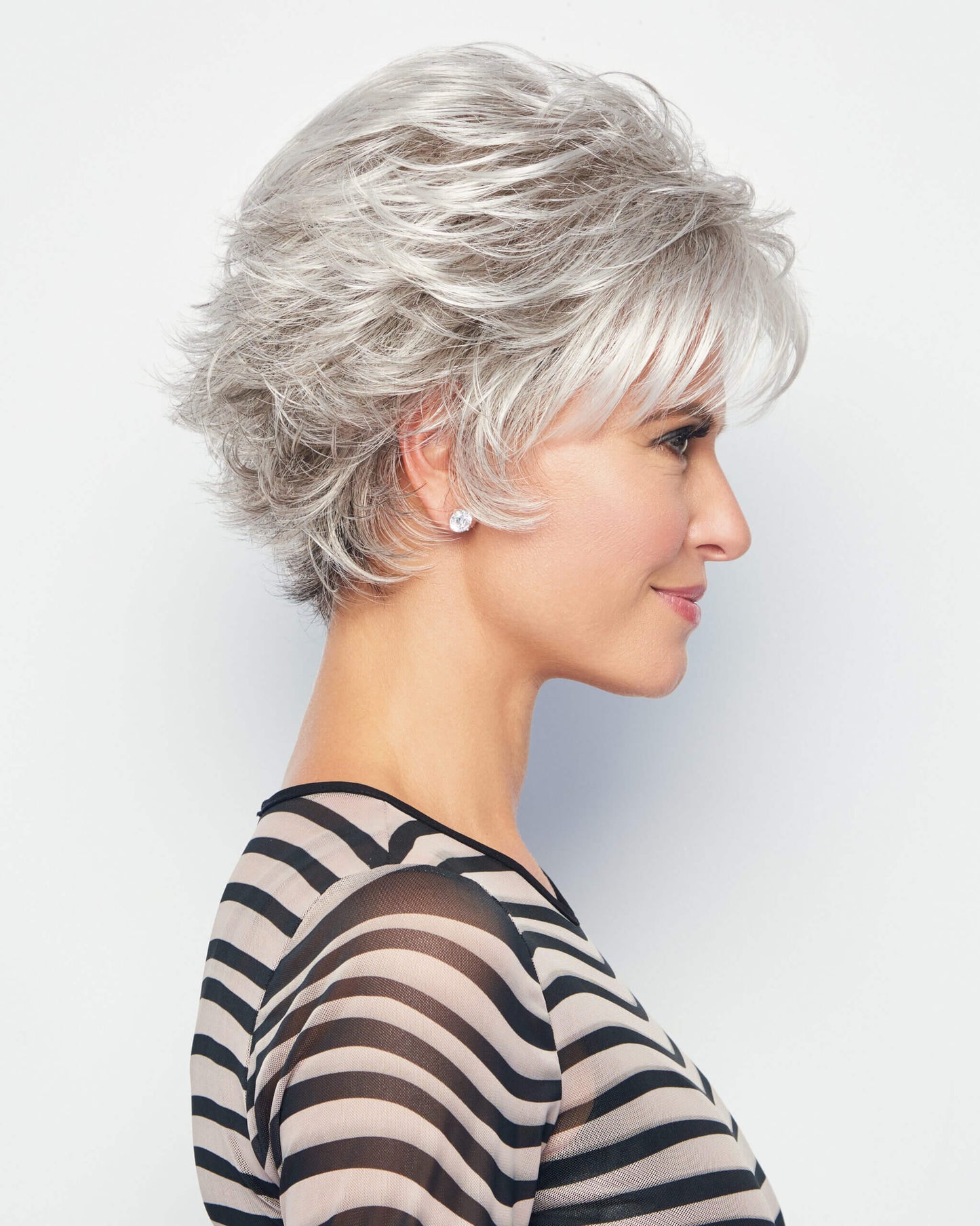 Side view of Voltage wig by Raquel Welch – short, synthetic wig with textured layers in colour Iced Granita.