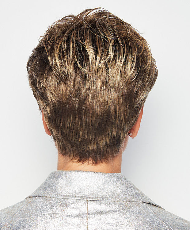 Back view of Winner wig by Raquel Welch – lightweight short synthetic wig with short layers in Shaded Iced Cafe Latte.