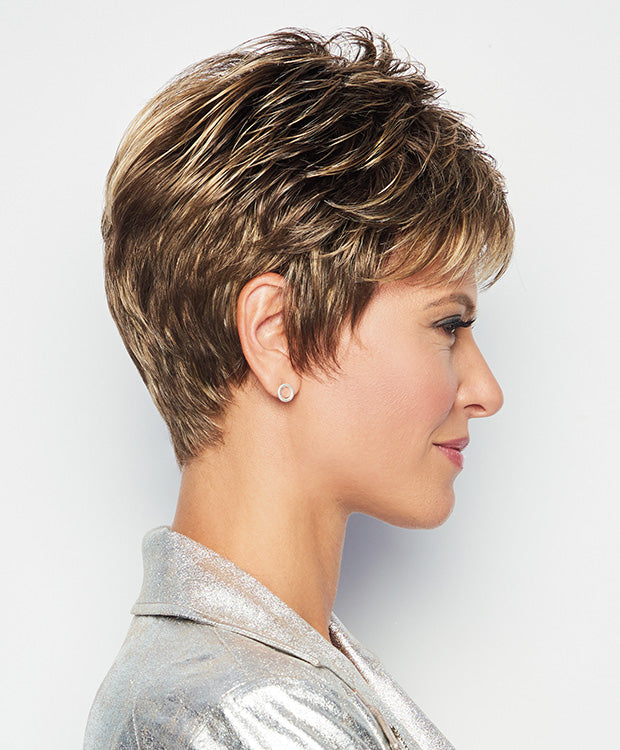 Side view of Winner wig by Raquel Welch – lightweight short synthetic wig with short layers in Shaded Iced Cafe Latte.