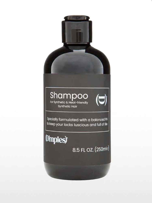 A bottle of Dimples Shampoo for synthetic & heat-friendly synthetic hair.