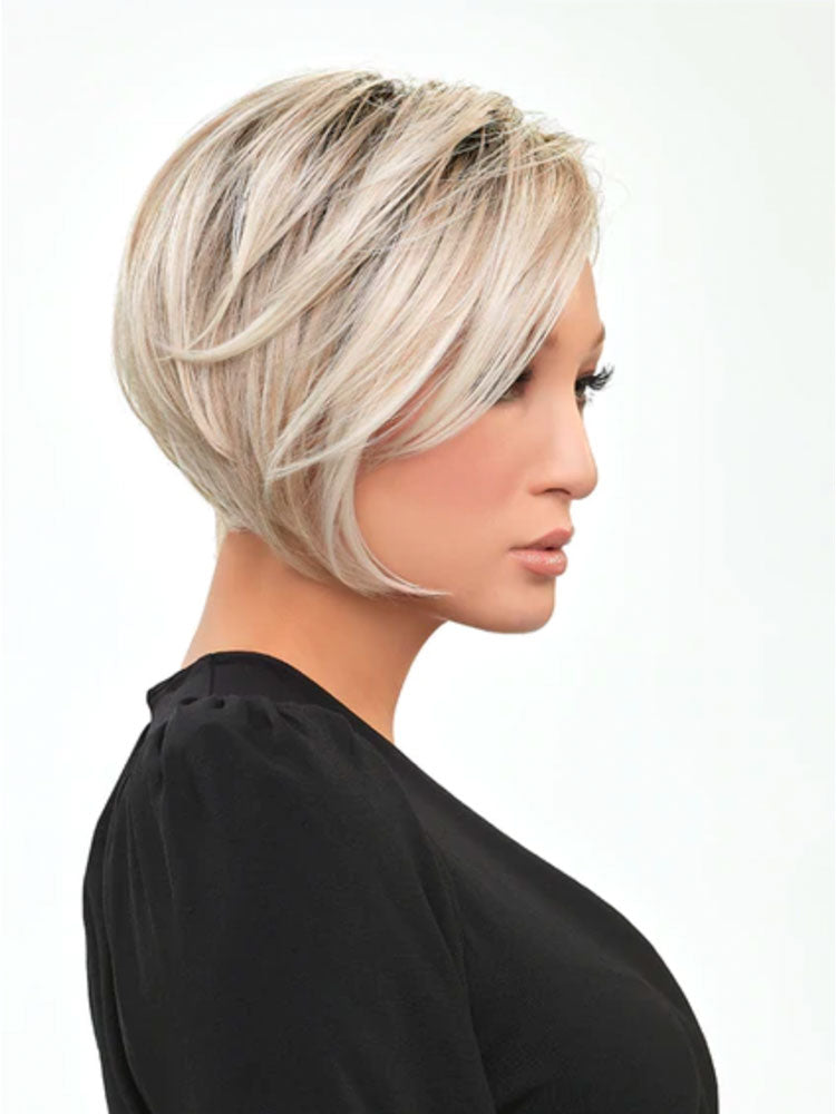Side view of Ignite Petite wig by Jon Renau, an angled bob cut this heat-resistant synthetic fibre has a lace front cap. Colour Palm Springs Blonde.