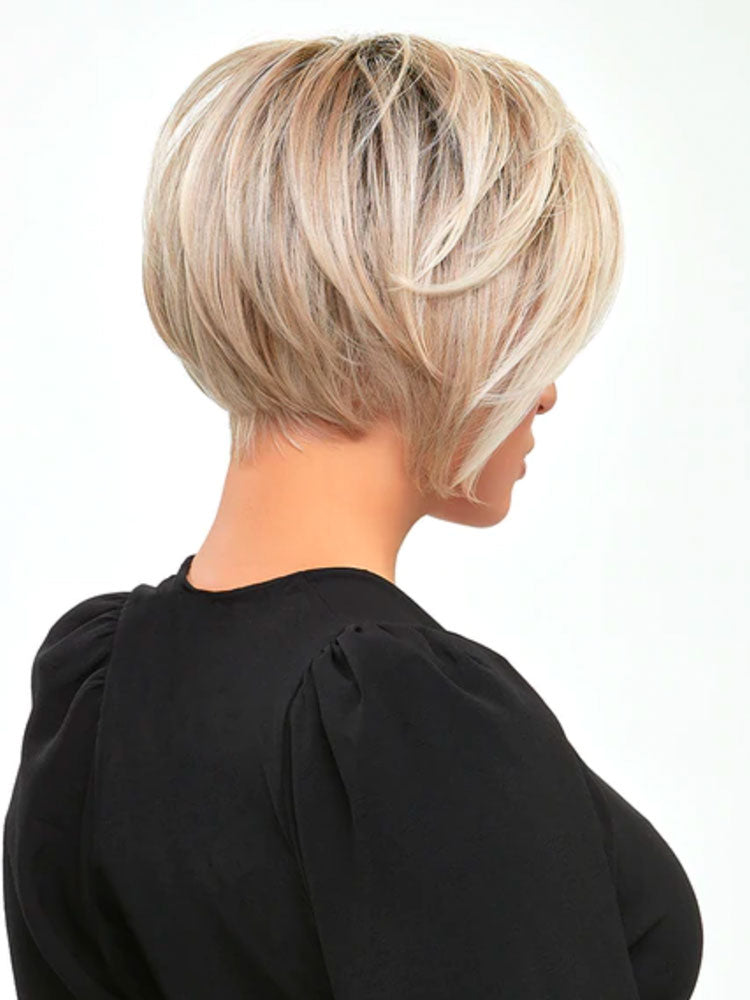 Back view of Ignite Petite wig by Jon Renau, an angled bob cut this heat-resistant synthetic fibre has a lace front cap. Colour Palm Springs Blonde.