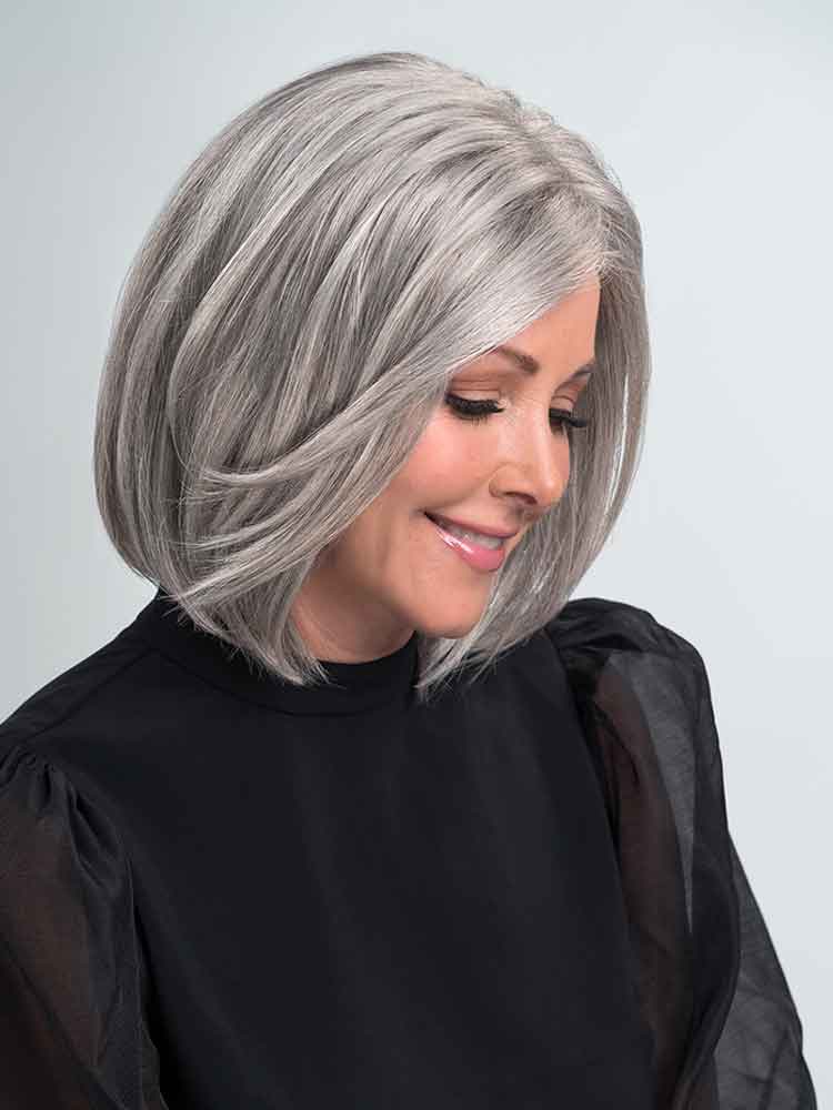 Side view of Kristen wig by Jon Renau with open cap is a face-framing bob style, available in bestselling colours including Mist.