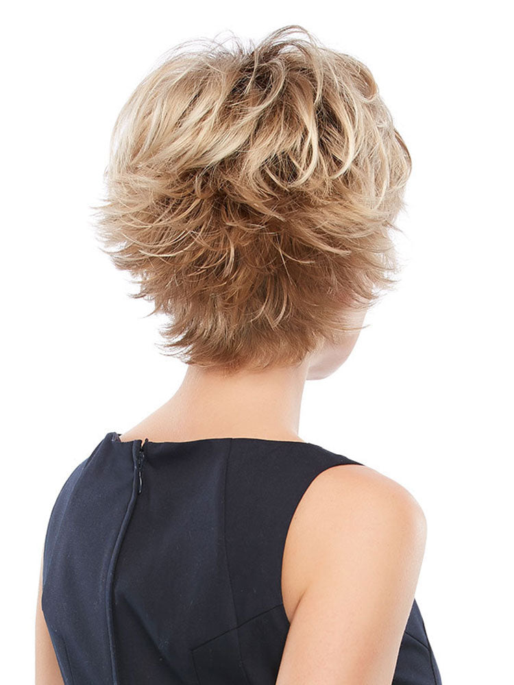 Back view of Mono Jazz by Jon Renau is a short spiky synthetic wig with a mono top and airy weft cap.
