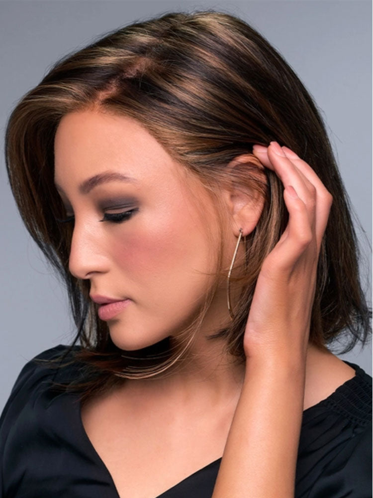 Side image Cameron Lite wig in Caramel Ribbon 6F27 a chin-length bob with a sleek side part and lace front.
