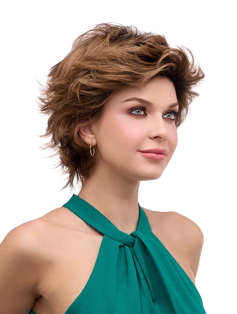 Side view of Alyssa wig by Envy in Cinnamon Toffee with soft layers and natural volume