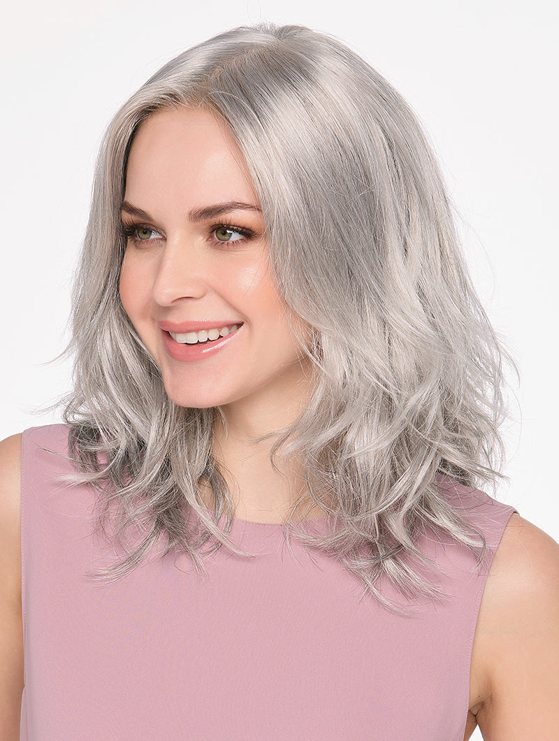 Side view Amanda wig by Envy – soft silver waves with lace front for natural style and all-day comfort