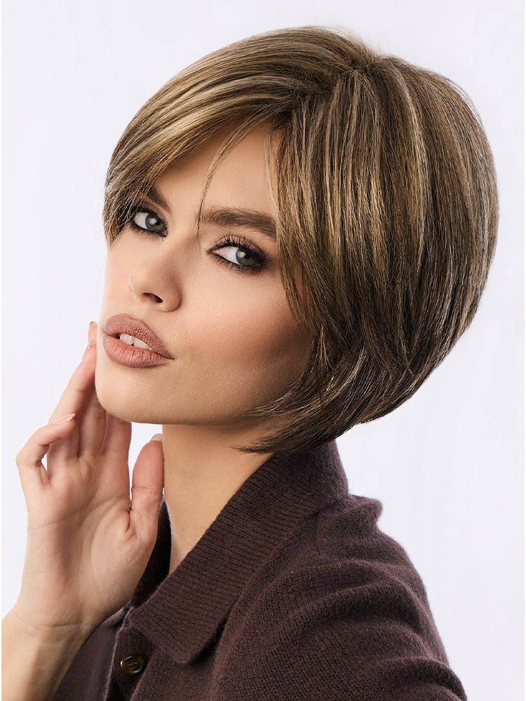Audrey ladies wig by Rene of Paris in Coffee Latte — front view showing chin-length angled bob