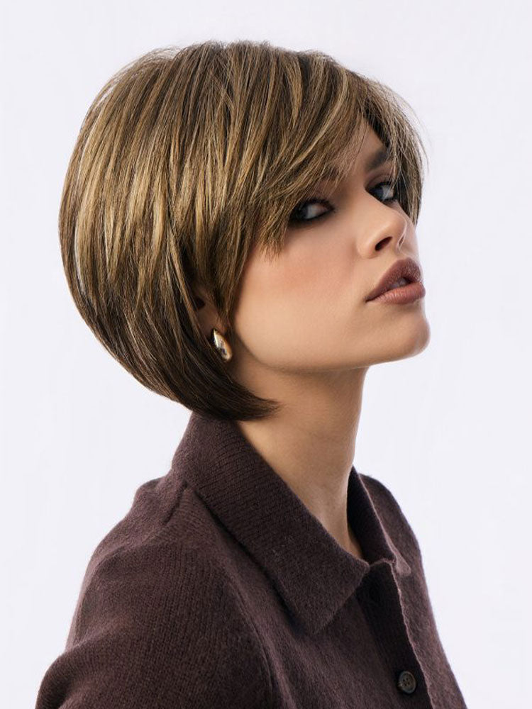 Audrey ladies wig by Rene of Paris in Coffee Latte — side view showing chin-length angled bob