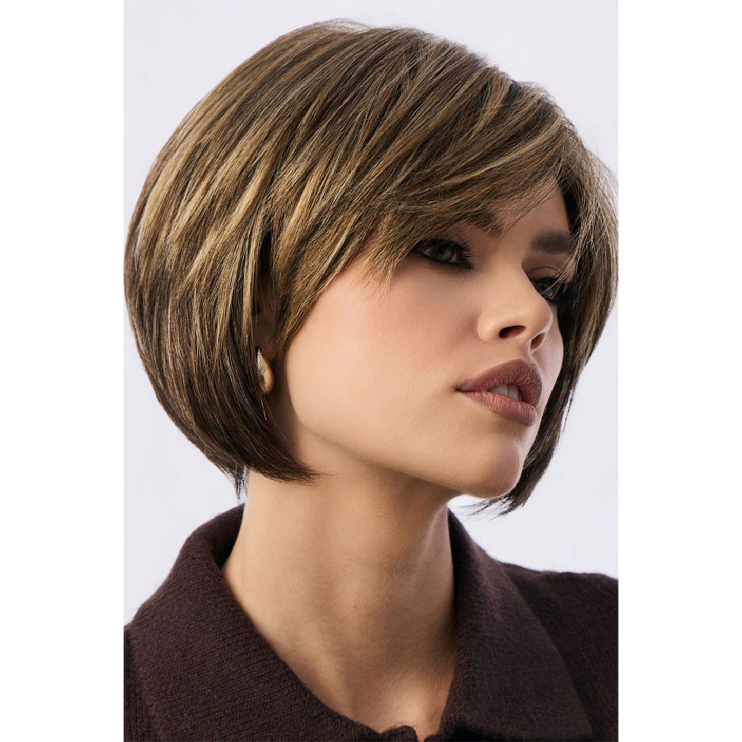 Audrey ladies wig by Rene of Paris in Coffee Latte — alt side view showing chin-length angled bob