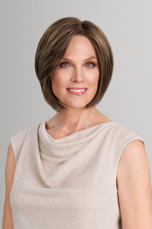 Ava wig by Jon Renau has a light, natural look with an ear-to-ear lace front. Colour Mousse Cake.